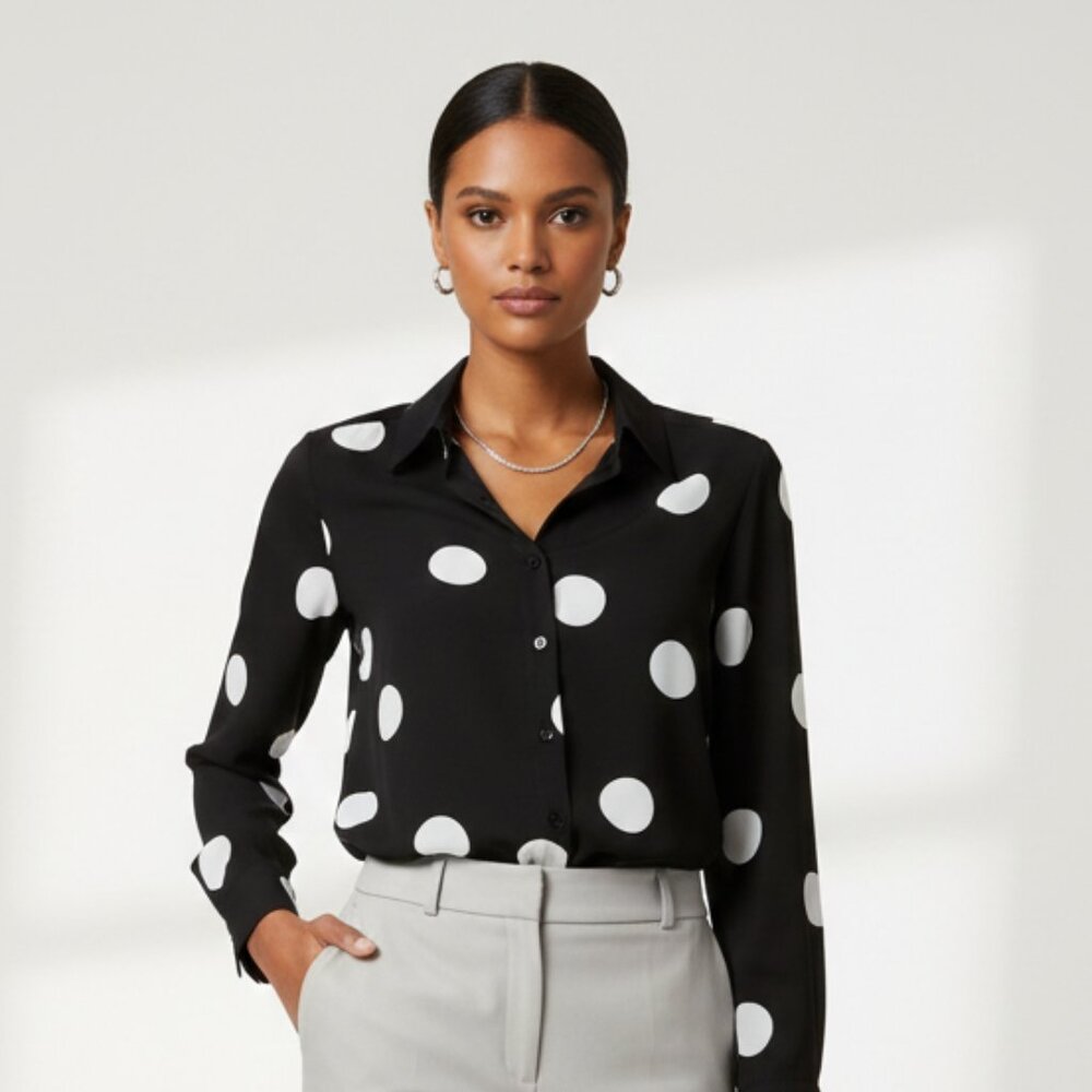 INC Polka Dot Blouse Black White Button Front Work Career Top Size S